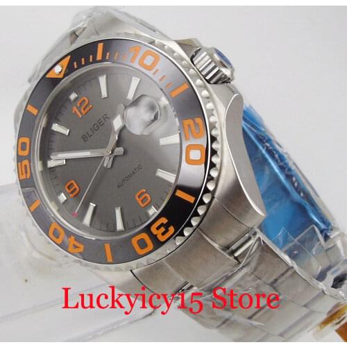 BLIGER Luxury Male Mechanical Wristwatch Grey Orange Marks Steel 43mm Case Mental Screw Back Unidirectional Bezel Sapphire Glass