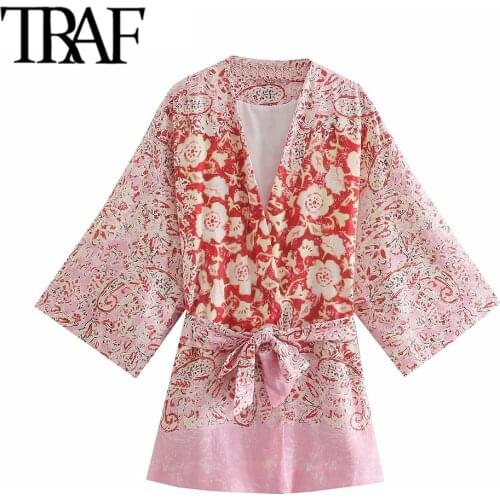 TRAF Women Fashion With Belt Floral Print Kimono Blouses Vintage Three Quarter Sleeve Side Slit Female Shirts Chic Tops