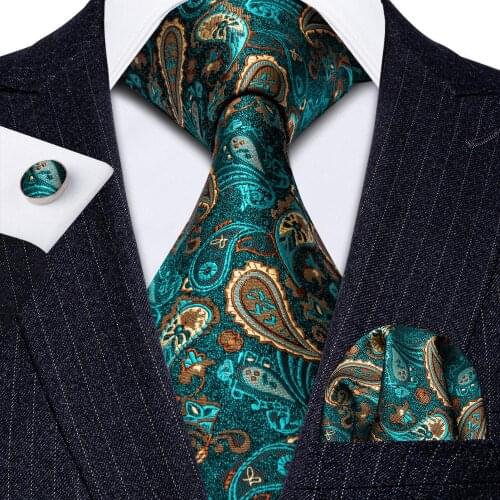 Teal Paisley Silk Tie Gold Floral Neck Tie For Men Suit Wedding Business Groom Gifts Tie Hanky Cufflink Set Barry.Wang Design