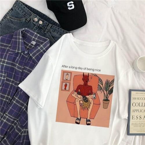 Japanese Gothic Harajuku Summer Female Tops Devil Letter Spoof Printing Casual Loose Fun Vintage Large Size Punk O-neck T-Shirt