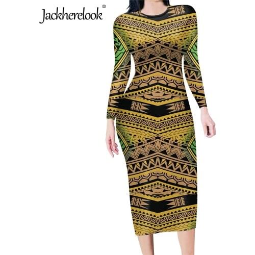 Jackherelook Vintage Sexy Women Casual Long Sleeve Pencil Dress Polynesian Tribal Printing Club Party Ladies Bodycon Dresses Rop