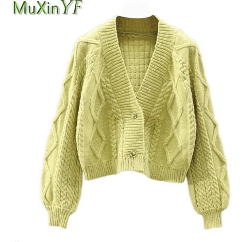 Korean Fashion Womens Sweater Coats 2021 Spring Autumn Casual Loose Green V-Neck Knit Cardigan Top Joker Outside Clothes Female