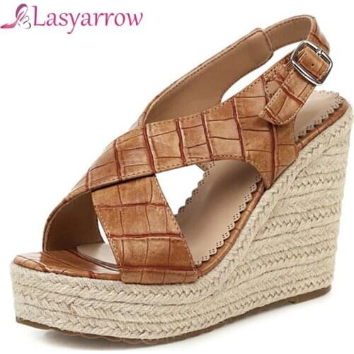 Lasyarrow 2020 newest high heel sandals ladies wedges shoes buckle pu Stone pattern summer casual shoes women platform sandals