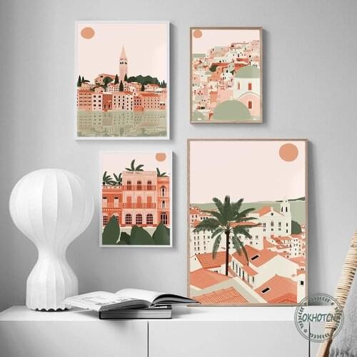 Lisbon Havana Rovinj Santorini Travel City Scenery Poster Sun Palm Tree Building Canvas Painting Art Picture On The Wall
