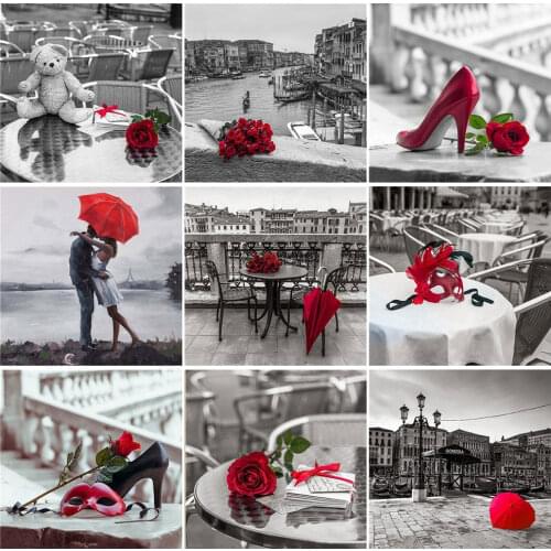 2021 New Landscape 5D Diamond Painting Kit Red Flower Diamond Embroidery Black And White Mosaic Rhinestone Home Decoration Gift