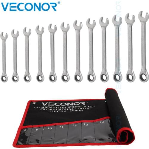 12Pcs Ratchet Key Wrench Tool Set 8-19mm Spanner Wrenches Dull Polished 72T with Storage Pouch Car Repair Tool Ratchet Set