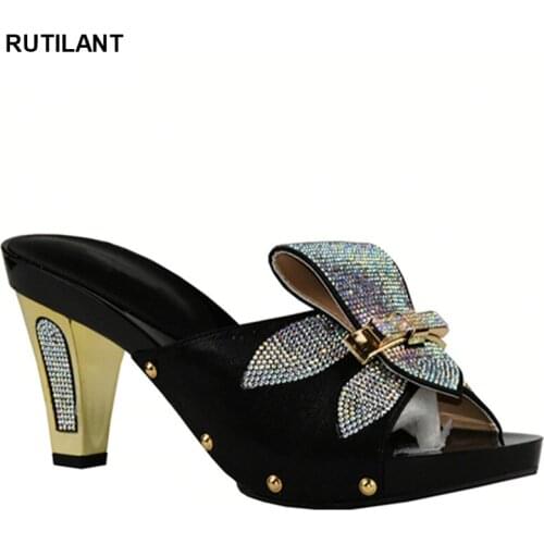 Latest Black Color African Women Wedding Shoes Woman Open Toe Ladies Women Pumps Party Wedding Shoes Decorated with Rhinestone