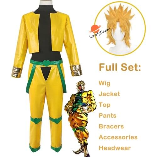 Anime JoJos Bizarre Adventure Dio Brando Cosplay Costume Yellow Leather Suit Headwear Curly Wig Halloween Role Play Party