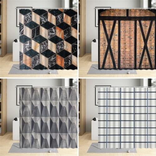 Retro Geometric Shower Curtain Stone Brick Wall Pattern Creative Bathroom Decor Polyester Cloth Hanging Curtains Sets With Hooks