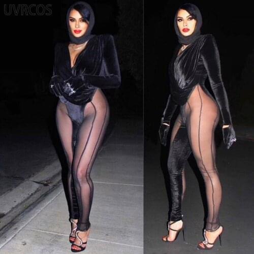 UVRCOS Sexy Mesh Patchwork Jumpsuit Women 2021 Fashion Autumn Full Sleeve V-Neck See Through One Piece Hot Midnight Attirewear