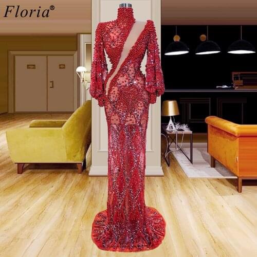 Modest Red Pearls Prom Dresses 2020 Long Sleeves High Neck Evening Dresses Party Heavy Handmade Illusion Women Pageant Gowns