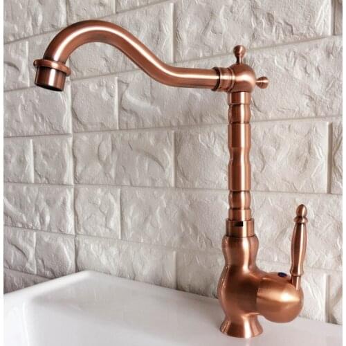 Swivel Spout Antique Red Copper Bathroom Faucet Deck Mounted Single Handle Cold and Hot Water Taps Basin / Sink Faucets lnf407