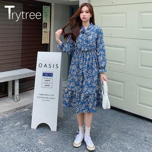 Trytree 2021 Spring Summer Womens Dress Casual Bow Collar Flare Sleeve Elastic Waist Floral Ruffled Hem Silky Elegant Dress