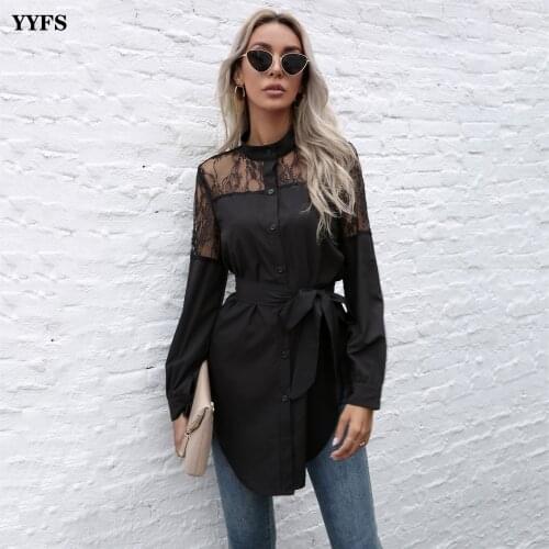 YYFS Womens Shirt New Solid Color Lace Stitching Cardigan Womens Tops Long Sleeve Round Neck Lacing Slim Shirt Women Chemise