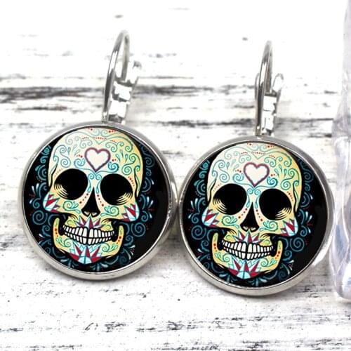 New Mexico Colorful Flower Pattern Sugar Skull Earrings Female Ornaments Dead Jewels for Easter Halloween Day Role Playing Gift