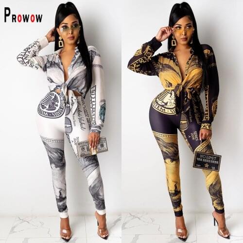 Prowow Spring Fall Dollar Print Womens Jumpsuit Fashion Up Long Sleeve Party Club Bodysuit Streetwear V Neck Cut Out Romper