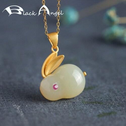 BLACK ANGEL 925 Sterling Silver Lovely Rabbit Necklaces Rings Studs Women Creative Khotan Jade Jewelry Sets Bunny Pendant Choker
