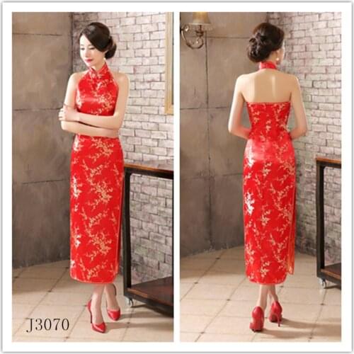Woman Sexy Chinese Traditional Cheongsam Dragon&Phoenix Floral Qipao Satin Halter Dresses Women Wedding Elegant Split Qipao
