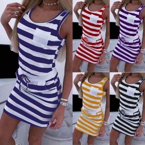 50%HOTWomen O Neck Sleeveless Horizontal Stripes Pockets Drawstring Mini Bodycon Dress