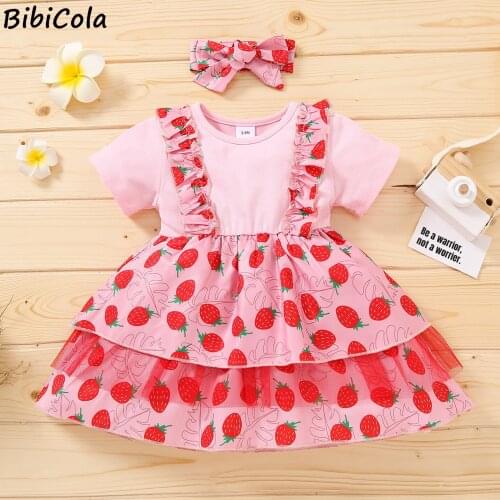 BibiCola Baby Girl Pink Sweet Cute Princess Dresses Summer Strawberry Print Ruffle Mini Holiday Dresses Newborn Girl Clothes