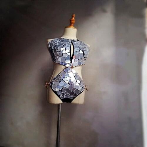 EC31 Gold color bikini silver mirror dance costumes stage show wesy wears dj disco dress catwalk club bar performance party bra