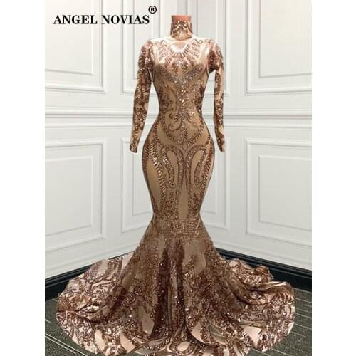 Long Sleeve Elegant High Neck Champagne Sparkle Prom Dresses 2020 Formal Party Gown Robe De Princesse