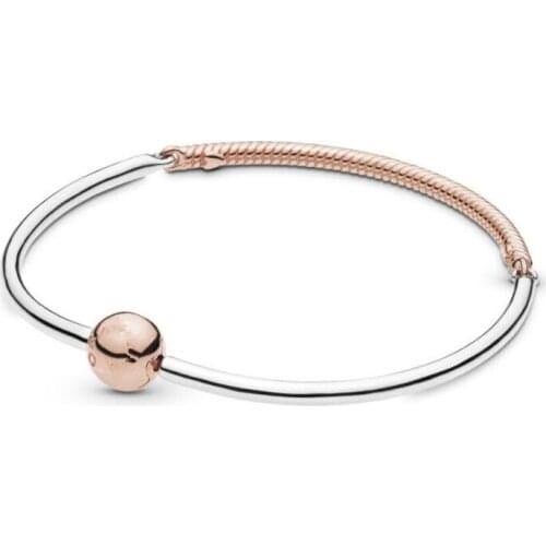 Original 925 Sterling Silver pandora Bracelet Rose Gold Moments Three-link Clasp Snake Bangle Fit Women Bead Charm Jewelry