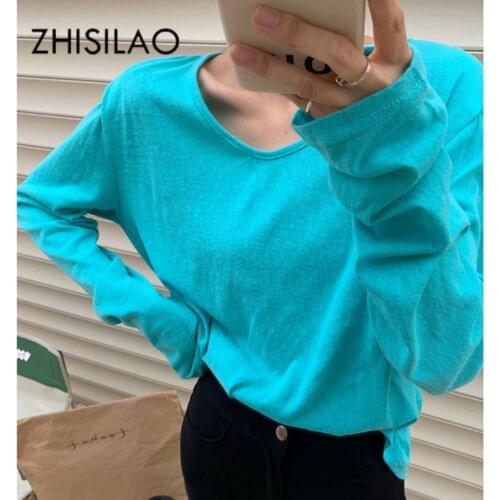 ZHISILAO New Long Sleeve T-shirt Women Solid Basic V-neck Tee Shirt Femme Summer 2021 Tops White Black Casual tshirt Chic