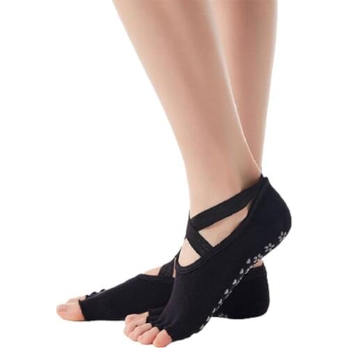 GOBYGO 1 Pair Women PVC Particles Non Slip Toeless Yoga Socks Half Toe Cotton Socks Ballet Dance Sports Pilates Fitness Bandage