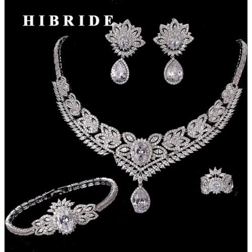 HIBRIDE Beautiful Flower Design Rhinestone CZ Stone Micro Pave 4pcs Women Wedding Jewelry Sets European Trendy Style N-209