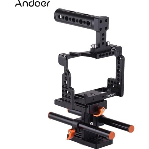 Andoer Camera Cage w/ Top Handle Rod Baseplate Kit Video Film Stabilizer Aluminum Alloy with Cold Shoe Mount for Sony A7 Camera