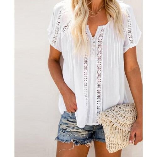 Summer Sexy Hollow Out Button Short Sleeve Women Shirt V Neck Solid Color Casual Elegant Office Top Plus Size Pullover Streewear