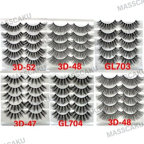 MASSCAKU 5 Pairs mixing Styles 3D Faux Mink Hair False Eyelashes Wispy Thick Lashes Handmade Soft Eye Makeup Extension Tools