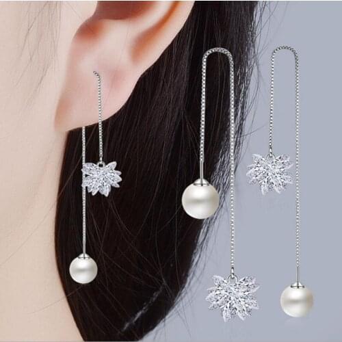 TJP Fashion 925 Silver Ice Flower Long Tassel Earrings For Women Jewelry Top Quality Pearl Crystal Girl BrideWedding Party Bijou