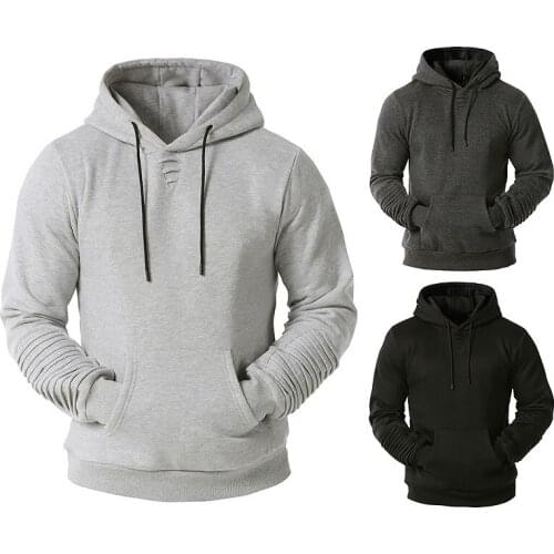 Mens Hooded Sweatshirt Long Sleeve Solid Color Quilting Pullover Hoodies with Drawstring Casual Sport Tops with Pocket