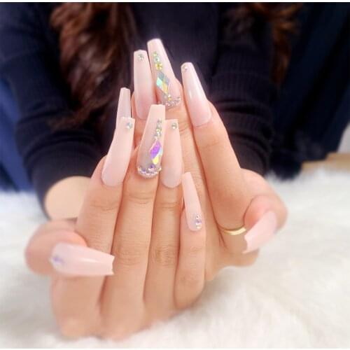 Ballerina Coffin False Nails Pretty Rhinestone Decal False Nails Extra Long Pink White Gradient Artificial Full Nail Art Tips