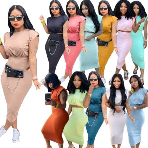 2021 new Womens Sleeveless Shoulder Pad T-shirt One Step Skirt Solid Color Two Piece Suit