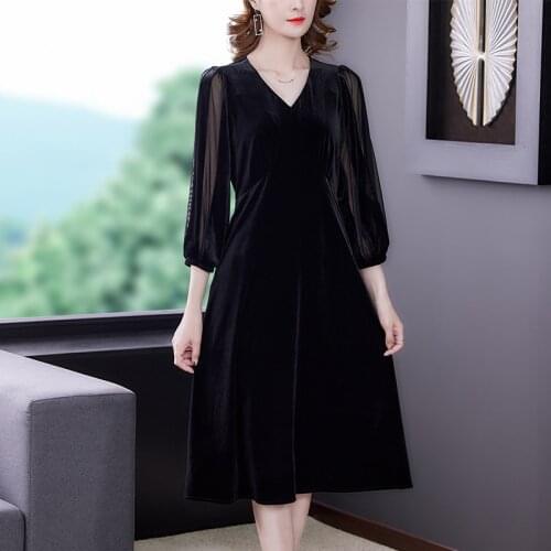 Autumn Black Velvet Mesh Vintage Sexy Midi Dress 2021 Elegant Bodycon Party Evening Vestidos Spring Women Korean Hepburn Dresses