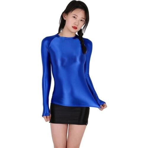 Sexy Women Shiny Long Sleeves T-Shirt Glossy Suit Sexy Casual Leotards Garmen Fashion Shirt Sexy Tight Candy Color F23