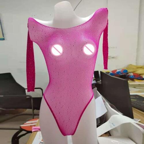 Long Sleeve Rhinestone Blingbling Fishnet Bodysuit See Through Clubwear Bodystocking Sexy Hot Erotic Lingerie Body Suit Tops