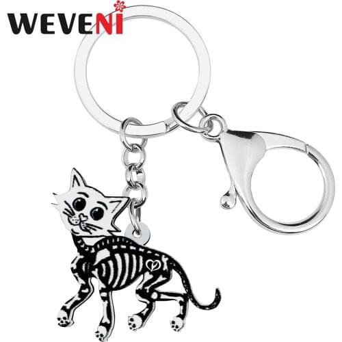 WEVENI Halloween Acrylic Sweet Smile Skull Skeleton Cat Keychains Fashion Key Ring Charms Gifts Jewelry For Women Girls Teens