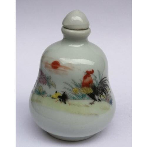 YIZHU CULTUER ART Collection Old Chinese Famille rose Porcelain Painting Cock Family Snuff Bottle Decoration Gift