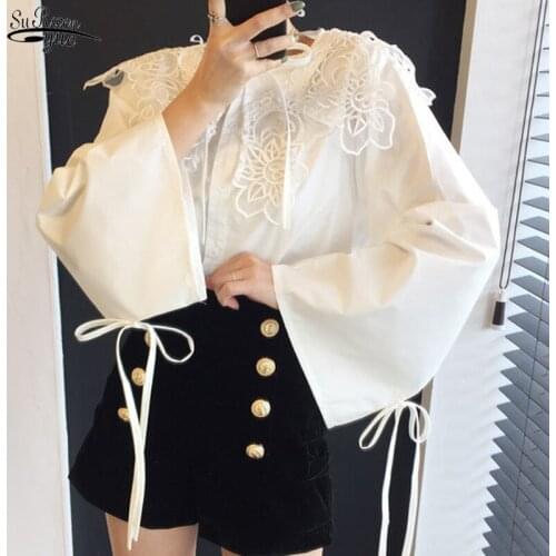 White Blouse Casual Loose Tops Lapel Plus Size Butterfly Sleeve Bow Shirt Fashion Asymmetrical Hem Shirts Women Appliques 13107
