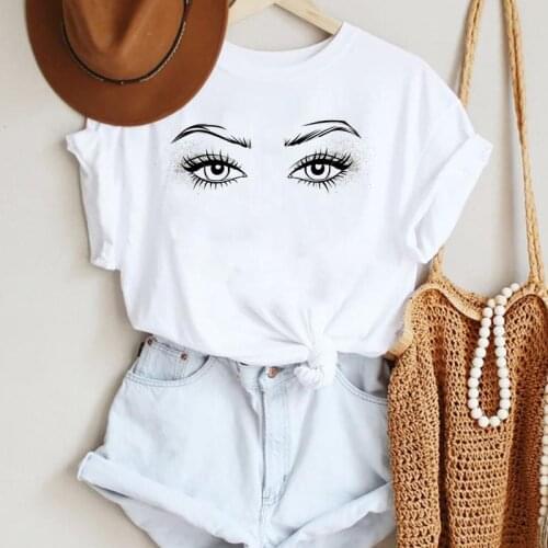 Lady Print Tee Graphic T Top Female Tshirts Clothes T-Shirt Women Clothing Style Trend Eye Eyelash Fashion Cartoon Summer