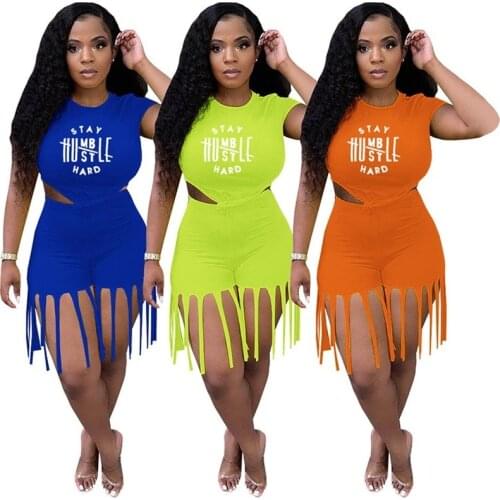 Letter Printed Tassel Tracksuit 2 Pieces Shorts Set Women Short Sleeve O Neck Crop Top and Biker Shorts Summer Outfit for 2021