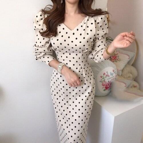 Office Lady Vestidos Simple Korean Long Sleeve Party Dress Womens Dot Casual Dresses 2020 Autumn