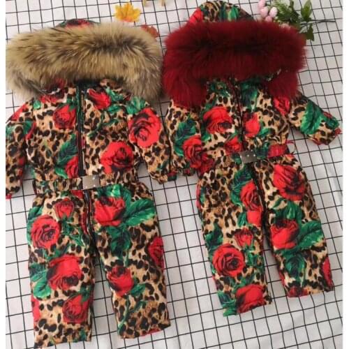 Real fur hooded 2019 Winter Jacket child jackets children jumpsuit snow suit girl floral overall down romper ski suits outerwear
