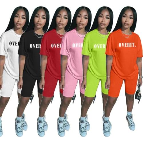 2021 Classic Letter Offset Solid Round Neck Casual Two Piece Set