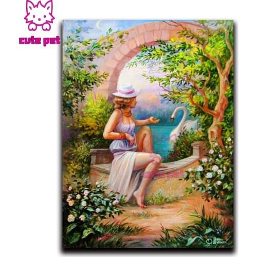 5d diamond painting Park woman and goose diy full square drill diamond embroidery round diamond mosaic view DIY rhinestone art