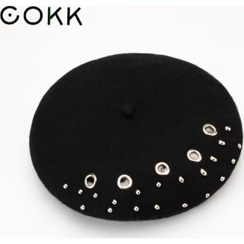 COKK High Quality Knit Wool Felt Beret Hats for Women Girls Fashion Rivet Elegant Female Beret British Style Winter Hat Solid